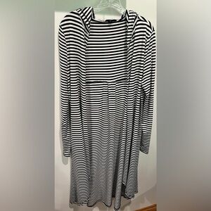 Mittoshop Black and White Striped Longline Long Sleeve Open Cardigan Size M